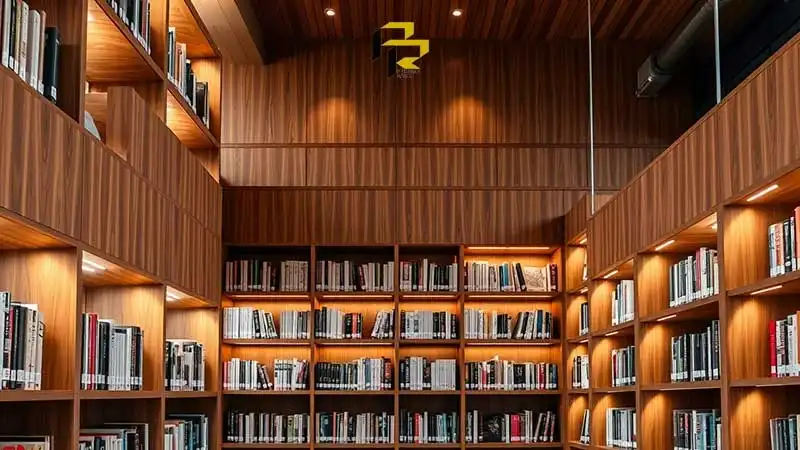 8 معیار انتخاب بین قفسه کتابخانه چوبی و فلزی؛ کدام بهتر است؟ 1 کتابخانه با قفسه بندی چوبی