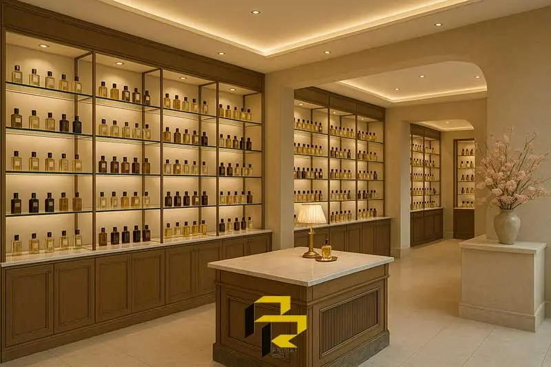0 تا 100 طراحی دکوراسیون مغازه عطر فروشی + ایده دکور عطر فروشی 2 دکوراسیون چوبی مغازه عطر فروشی