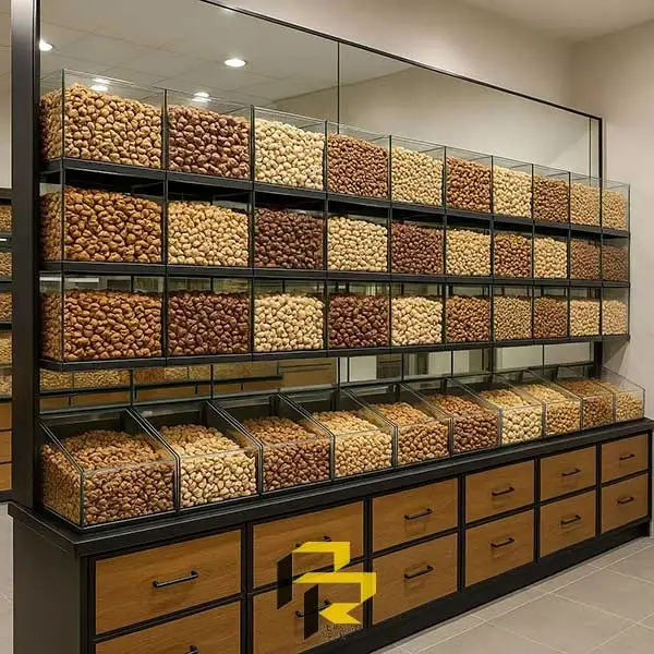 راهنمای دکور مغازه آجیل و خشکبار - بهترین قفسه بندی آجیل فروشی 7 طراحی دکوراسیون آجیل فروشی با قفسه آینهای