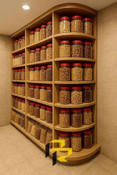 راهنمای دکور مغازه آجیل و خشکبار - بهترین قفسه بندی آجیل فروشی 4 قفسه بندی گوشه ای مغازه آجیل و خشکبار