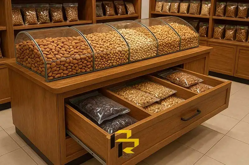 راهنمای دکور مغازه آجیل و خشکبار - بهترین قفسه بندی آجیل فروشی 6 دکوراسیون فروشگاه آجیل و خشکبار با قفسه کشودار